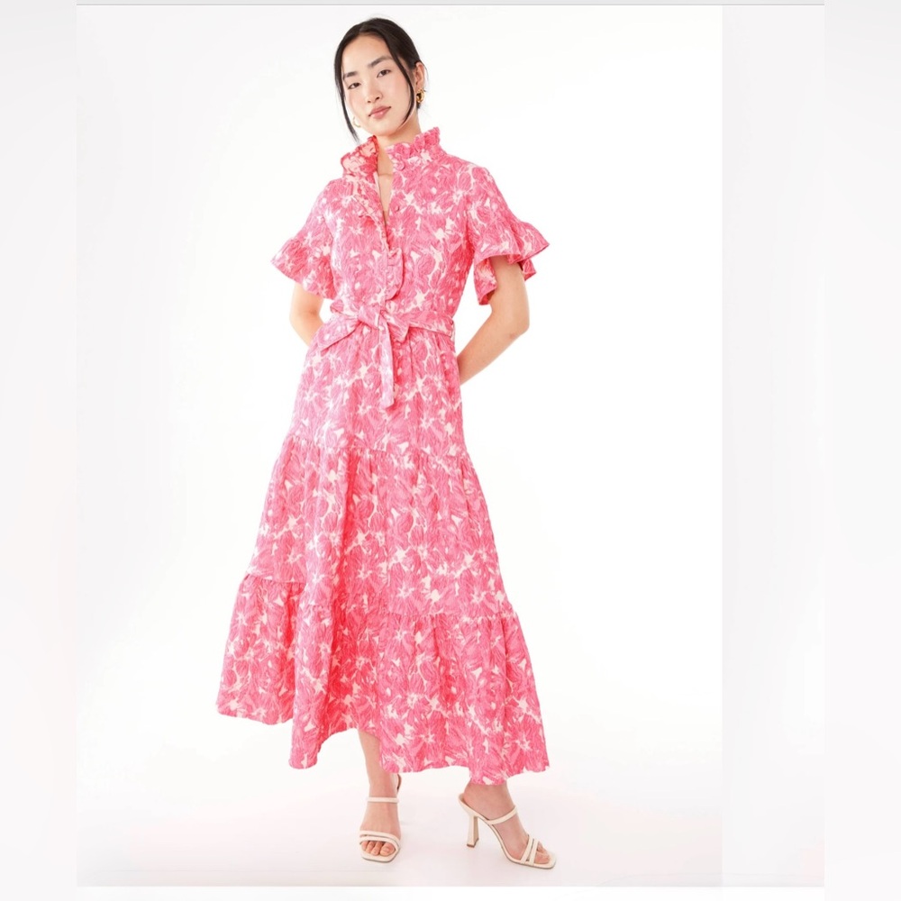 Elegant Sadie Maxi Dress Hot Pink Hibiscus Jacquard
